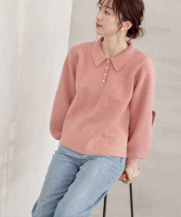 Tiaclasse L 【洗える】衿付きパフ袖ニット ピンク