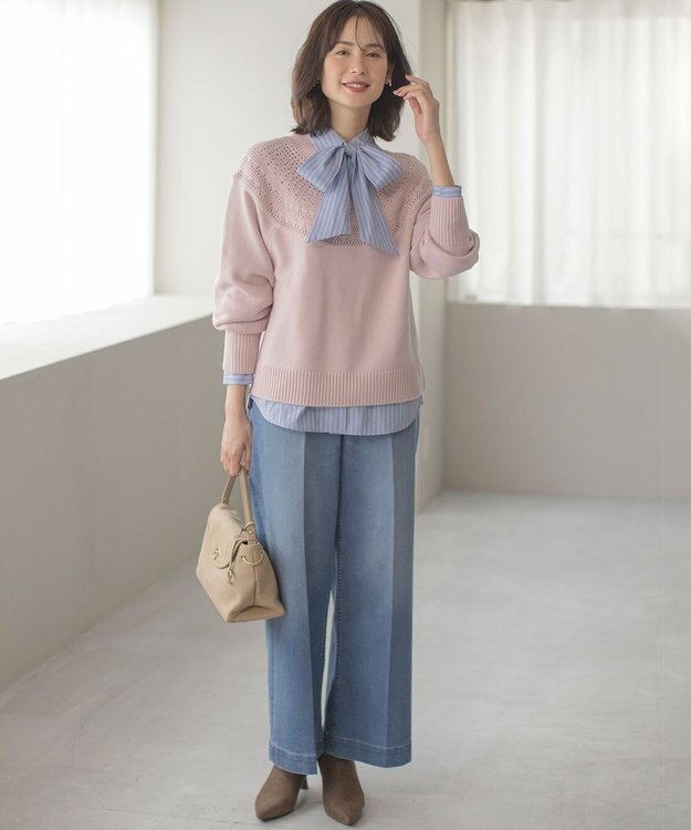 組曲 L 【WEB限定カラーあり】透かし編みバルキーハイネックニット ピンク系