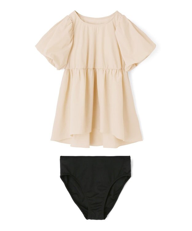 San-ai Resort（三愛水着楽園） 【UPF50＋】　パフスリーブキュロット3点セット　9M・11L　【San-ai Resort（サンアイリゾート）】 ベージュ×ブラック