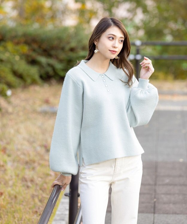 Tiaclasse L 【洗える】衿付きパフ袖ニット ミント