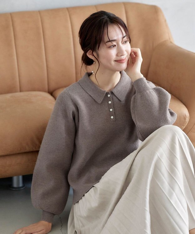 Tiaclasse L 【洗える】衿付きパフ袖ニット モカ