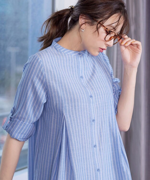 Tiaclasse 【新色追加・洗える】バンドカラーシャツチュニックブラウス サックスストライプ