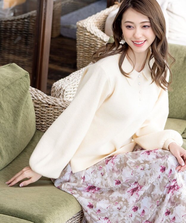 Tiaclasse L 【洗える】衿付きパフ袖ニット アイボリー