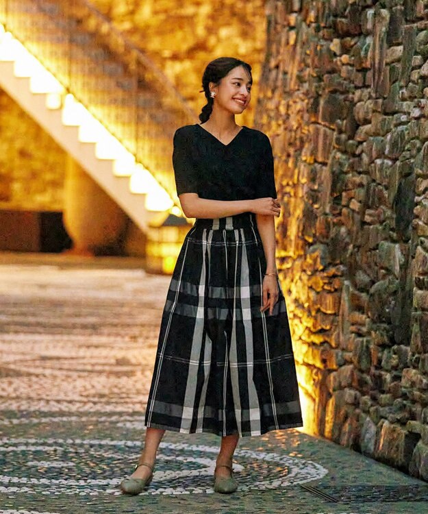 Tiaclasse 【洗える】メモリータフタチェックスカート ブラック