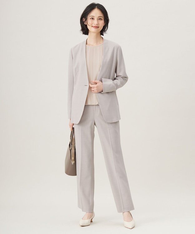 自由区 【セットアップ対応・洗える】ウールブレンドセットアップノーカラー ジャケット ライトグレー系