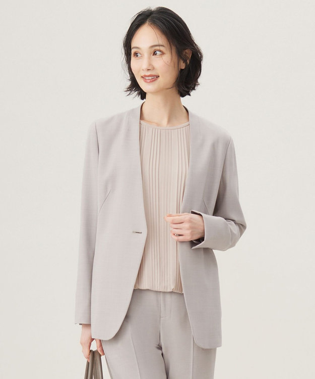 自由区 【セットアップ対応・洗える】ウールブレンドセットアップノーカラー ジャケット ライトグレー系