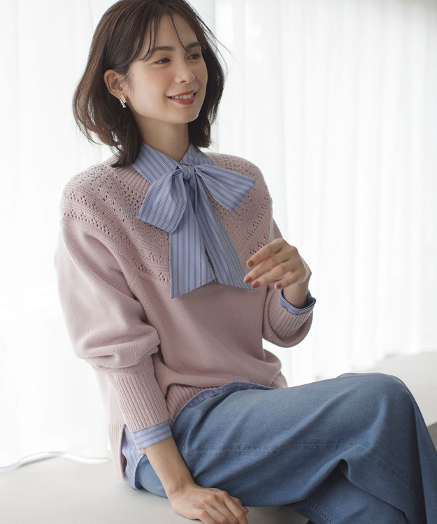 組曲 【WEB限定カラーあり】透かし編みバルキーハイネックニット ピンク系