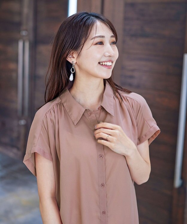 Tiaclasse L 【洗える】フレンチスリーブシャツチュニックブラウス ライトピンク