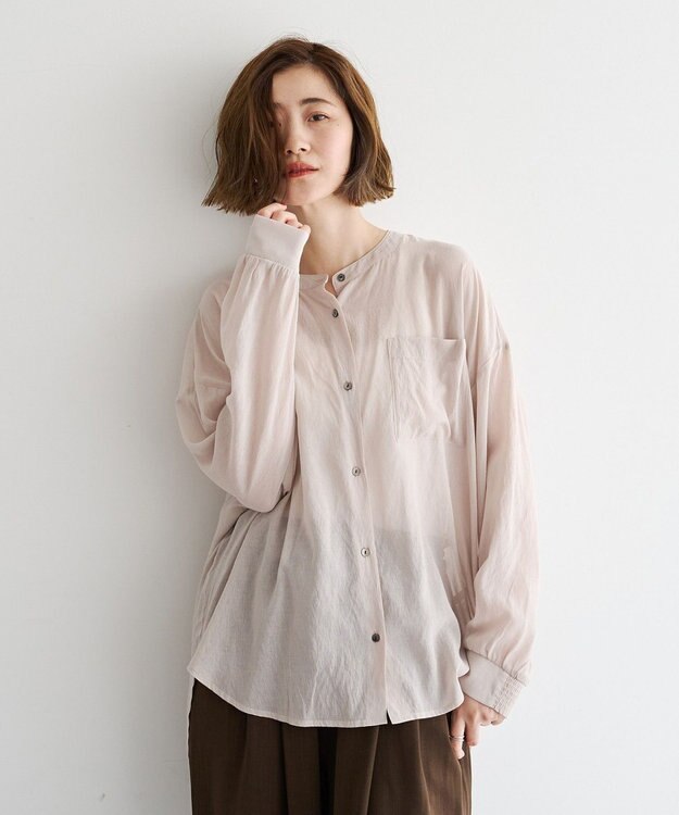 YECCA VECCA ドライタッチシアーバンドカラーシャツ Gray Beige