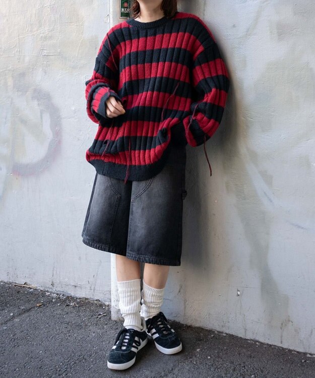 WEGO ボーダーワイドリブダメージニット レッド