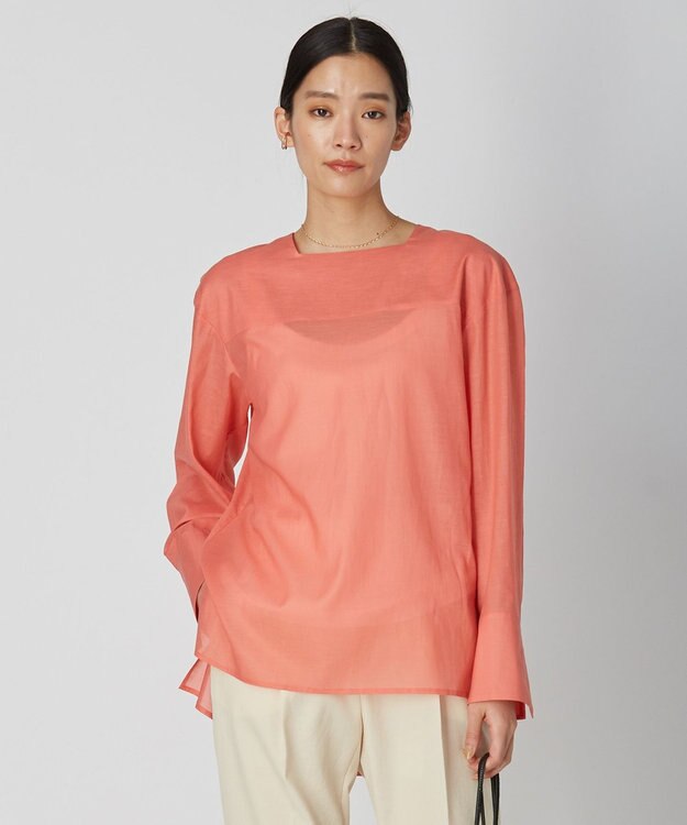 ICB 【洗える】テンセルコットンローン スクエアネックブラウス サーモンピンク系