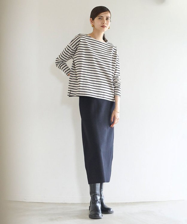 UNFILO 【洗える】ボーダーワイドTシャツ グレージュ×ブラックボーダー