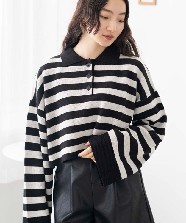 WEGO ボーダーニットポロ ブラックボーダー