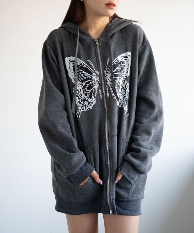 WEGO バタフライBIGZIPパーカー ブラック中濃色