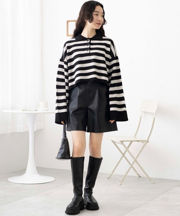 WEGO ボーダーニットポロ ブラックボーダー