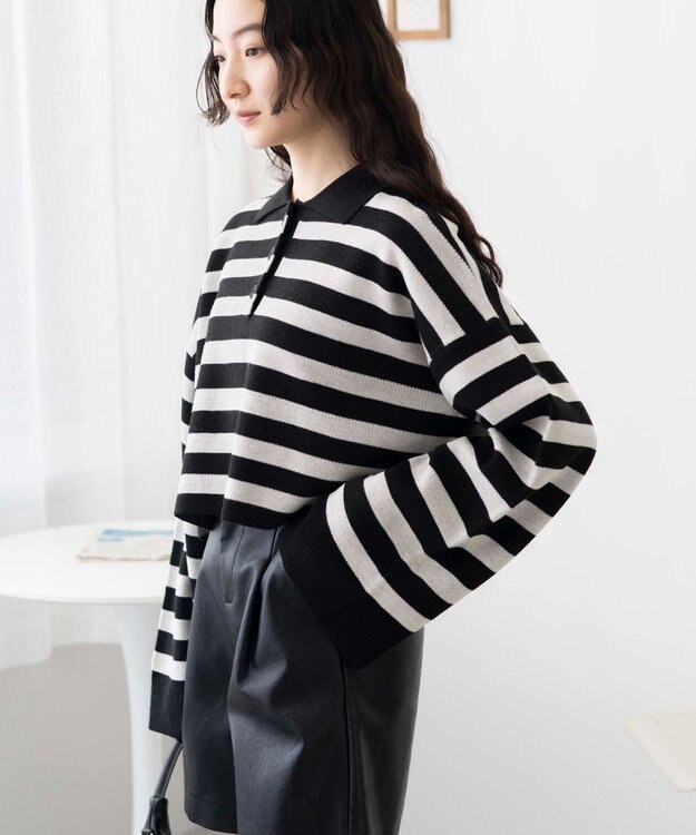 WEGO ボーダーニットポロ ブラックボーダー