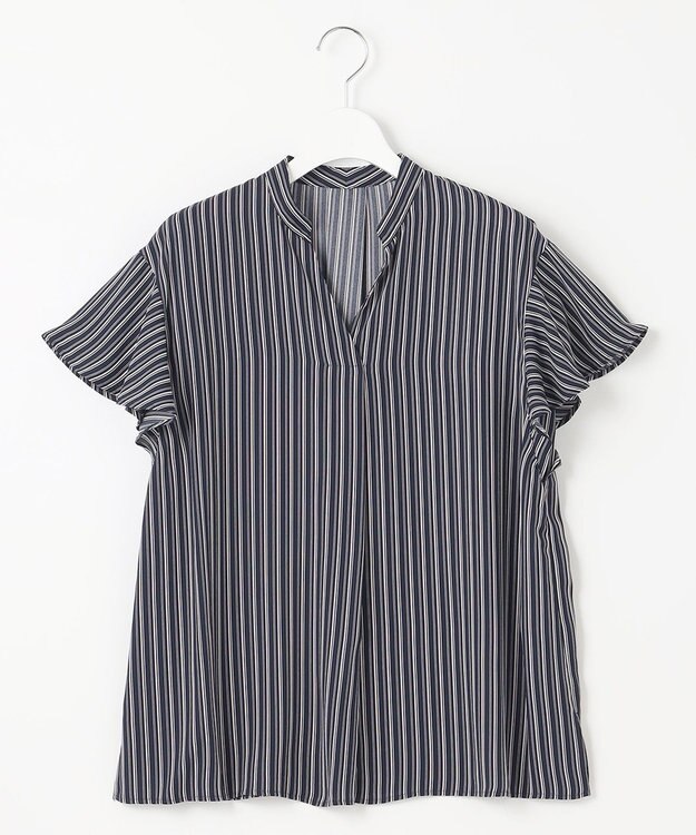 23区 【洗える】ランダムストライププリント キーネック ブラウス ネイビー系ストライプ