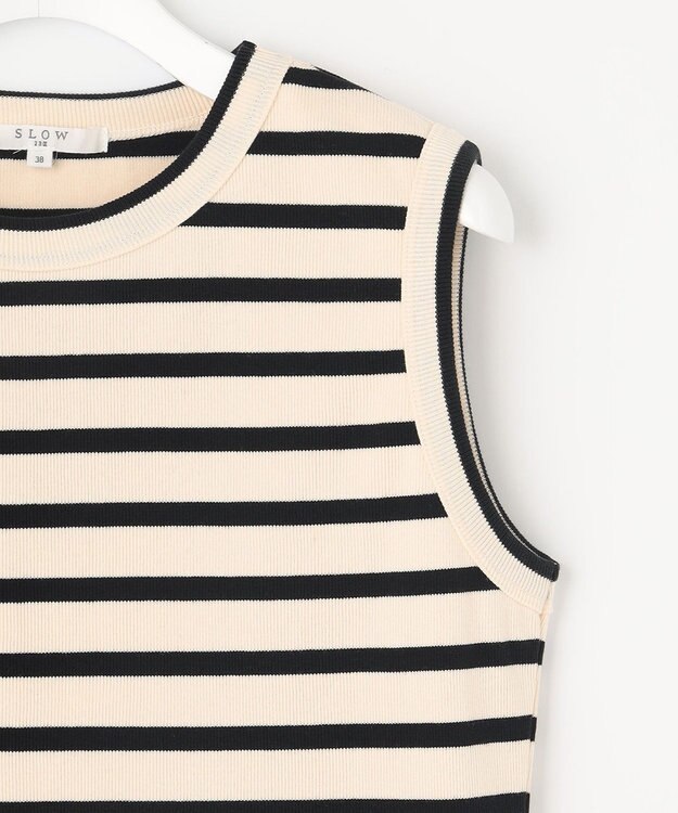 23区 S 【SLOW/洗える】ミドルフライスジャージー ノースリーブ カットソー オフ×ブラックボーダー