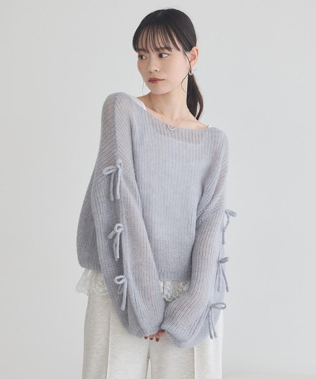 earth music&ecology サイドリボン透かしニットプルオーバー Grayish Blue