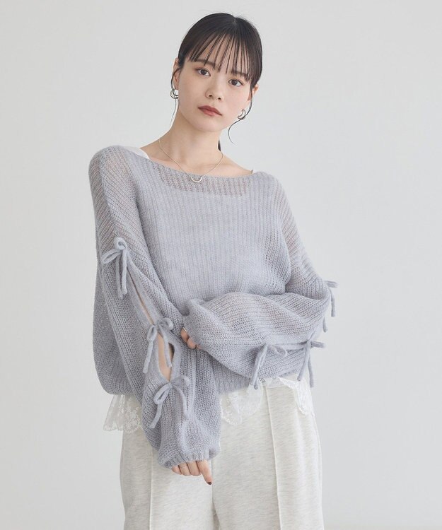 earth music&ecology サイドリボン透かしニットプルオーバー Grayish Blue