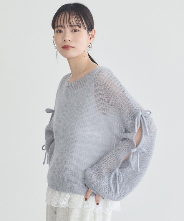 earth music&ecology サイドリボン透かしニットプルオーバー Grayish Blue