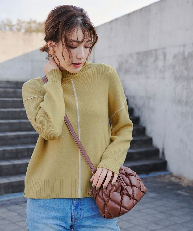 Tiaclasse L 【洗える】配色切り替えニットトップス ライム