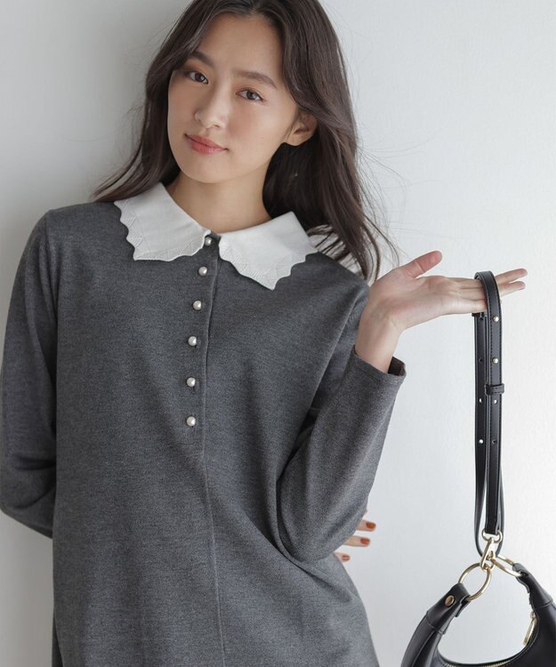 組曲 L レースライク襟付きニットワンピース グレー系