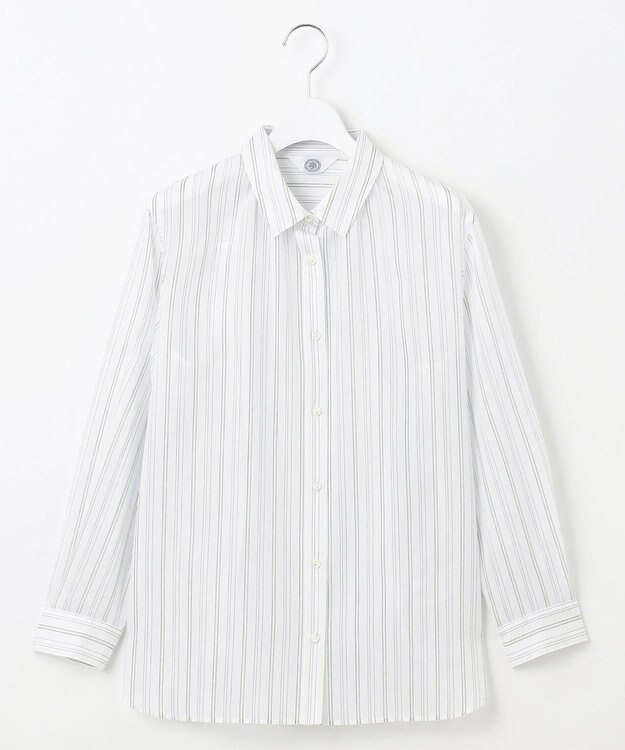 J.PRESS LADIES 【洗える】ランダムストライプ シャツカラー ブラウス オフ×ライムストライプ系