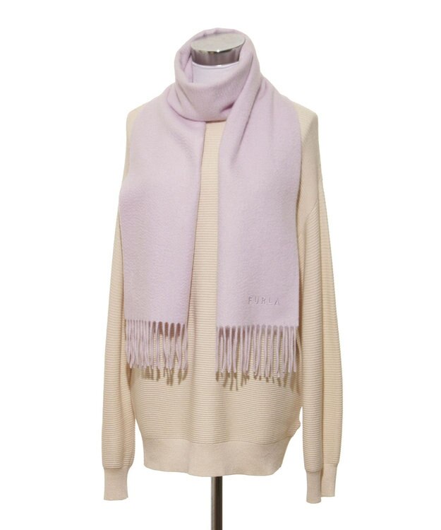 MOONBAT FURLA(フルラ）カシミヤ100％ 無地 マフラー ロゴ刺繍 手洗いOK ライトパープル