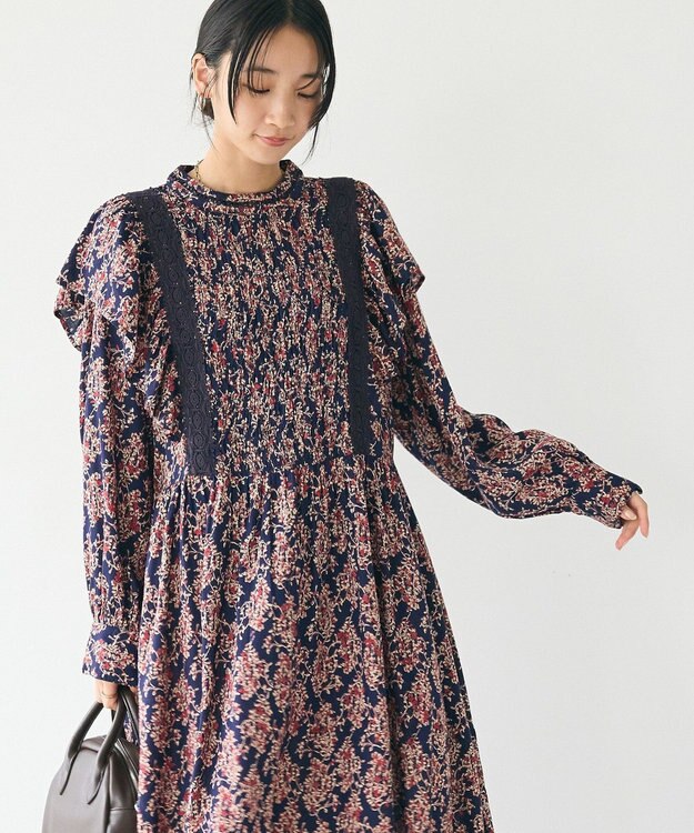 CRAFT STANDARD BOUTIQUE シャーリング袖フリルワンピース Flower Red