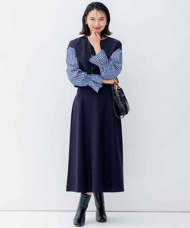 23区 L 【洗える】コンビネーション キャンディースリーブ カットソー ネイビー×ブルーストライプ