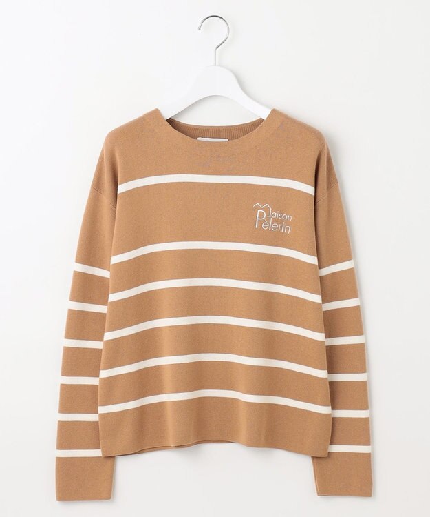 自由区 L コットンウールハイゲージボーダー ニット キャメル×オフ