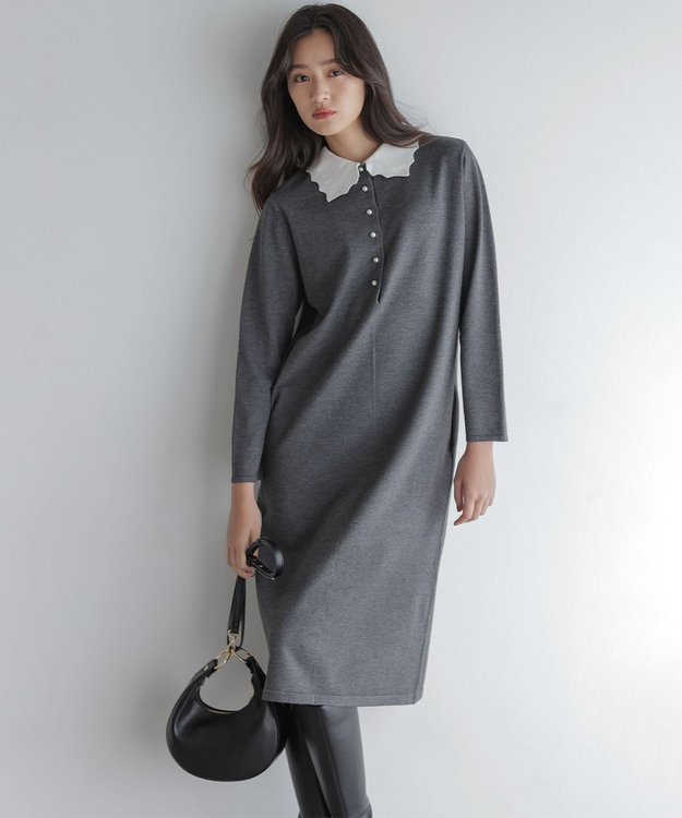 組曲 L レースライク襟付きニットワンピース グレー系