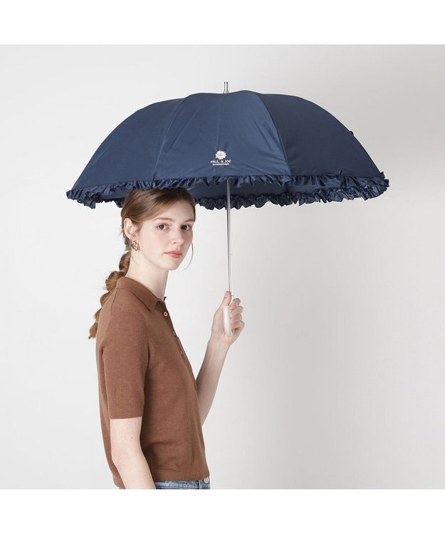 MOONBAT 【日傘】ポール & ジョー (PAUL & JOE　ACCESSOIRES) クリザンテームワンポイント フリル 雨の日OK スライド式 一級遮光 遮熱 UV ネイビーブルー