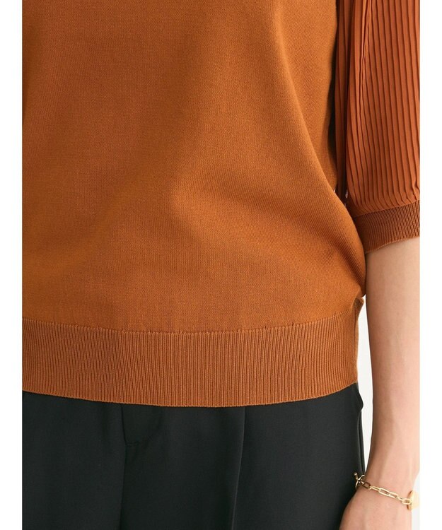 Green Parks 袖プリーツドッキング５分袖ニットプルオーバー Orange