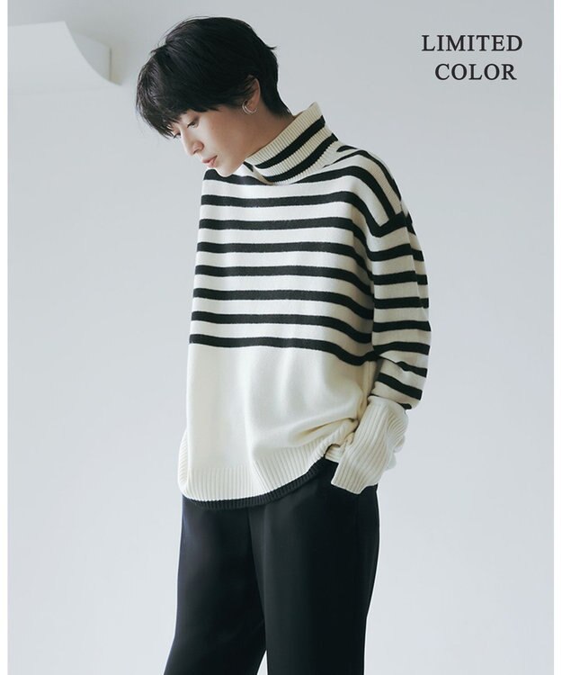 ICB 【新色追加・WEB限定カラーあり】 ソフトカシミヤミックス ハイネックニット オフホワイト×ブラック系柄［WEB限定］