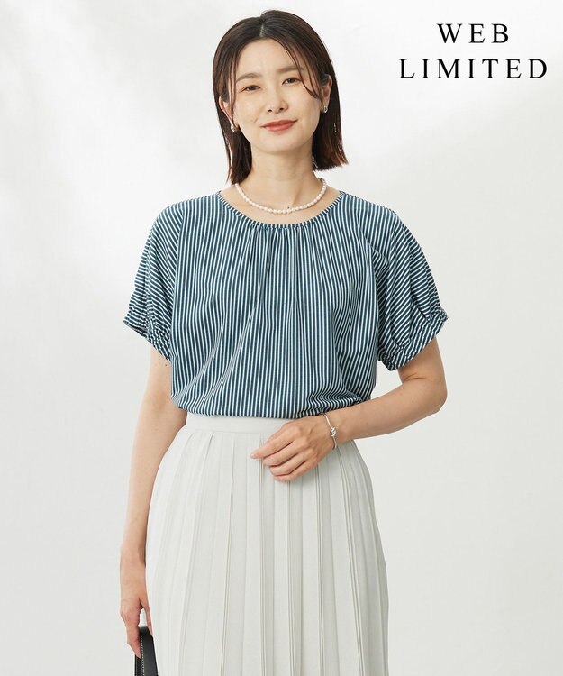 J.PRESS LADIES L 【WEB限定カラーあり・洗える】ストライプジャージー フレンチスリーブ カットソー 【WEB限定カラー】ダークグリーンストライプ系