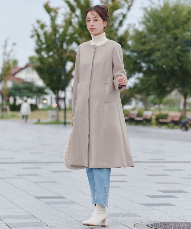 Tiaclasse 【ウール混】ノーカラーバックリボンウールコート ピンク