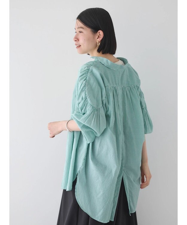 AMERICAN HOLIC カルゼギャザーシャツチュニック Stripe Green