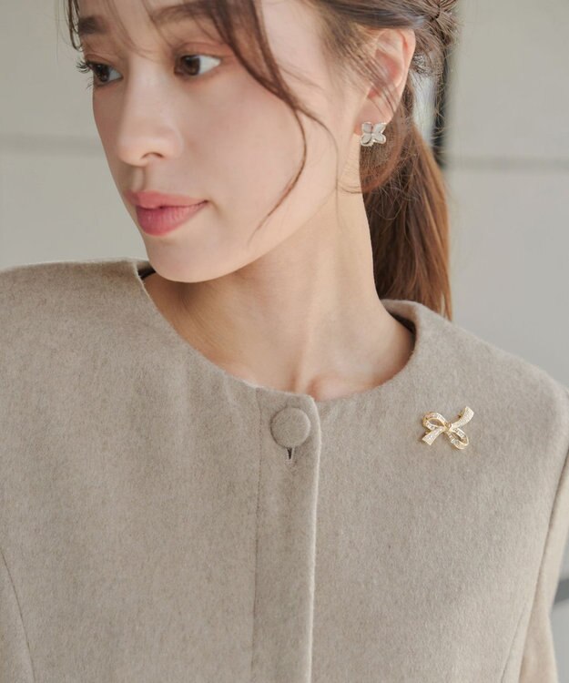 Tiaclasse 【ウール混】ノーカラーバックリボンウールコート グレージュ