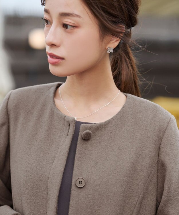 Tiaclasse 【ウール混】ノーカラーバックリボンウールコート モカ