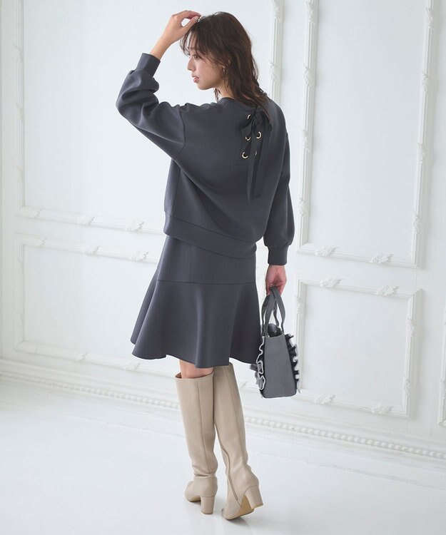 Feroux 【洗える・セットアイテム】バックリボンダンボール セットアップ グレー系