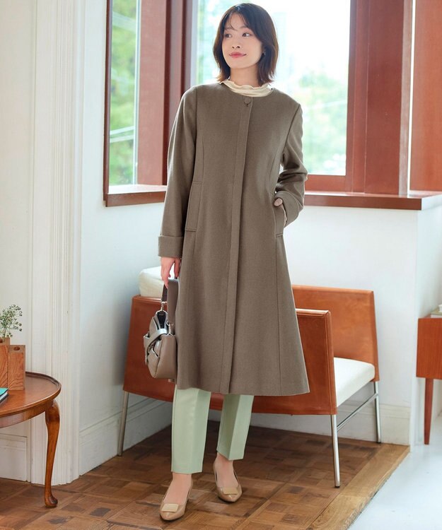 Tiaclasse 【ウール混】ノーカラーバックリボンウールコート モカ