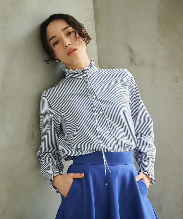 #Newans フリルカラーノーブルブラウス ネイビーストライプ