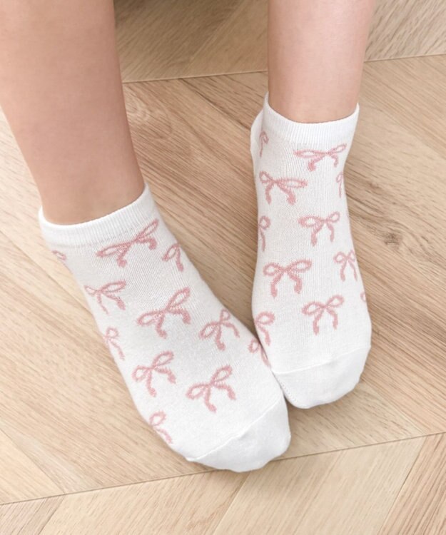 WEGO リボン総柄ショートソックス ホワイト