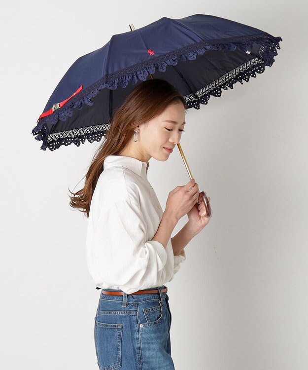 MOONBAT 【遮光/晴雨兼用日傘】POLO RALPH LAUREN（ポロラルフローレン） 折りたたみ日傘 エンブフリル 遮熱 UV ディープブルー