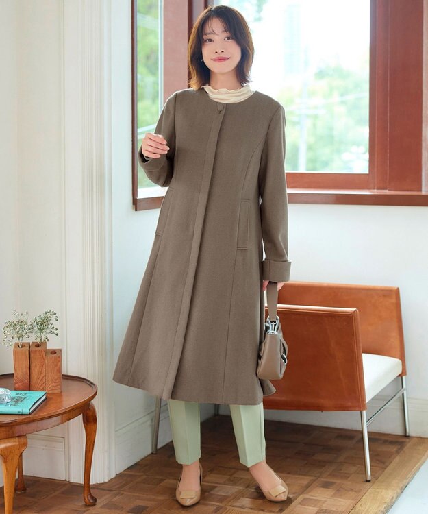 Tiaclasse 【ウール混】ノーカラーバックリボンウールコート モカ