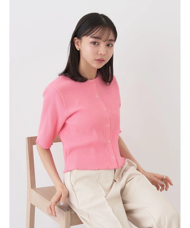 earth music&ecology ドットボタン５分袖リブプルオーバー Pink