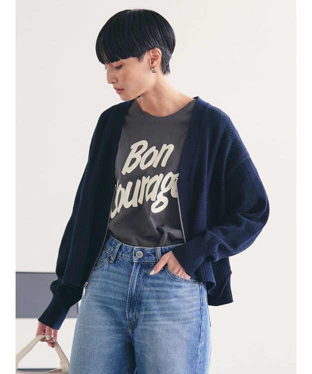 AMERICAN HOLIC ハーフＺＩＰ透かし編みカーディガン Navy