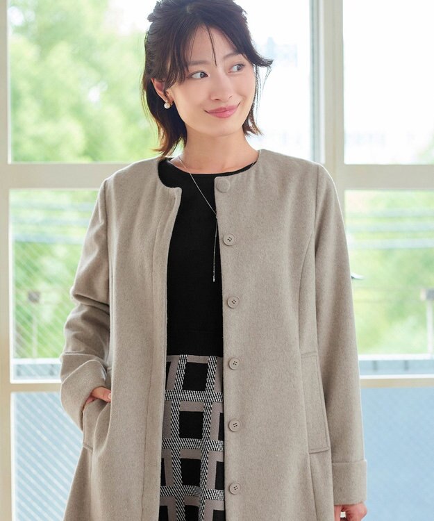 Tiaclasse 【ウール混】ノーカラーバックリボンウールコート グレージュ